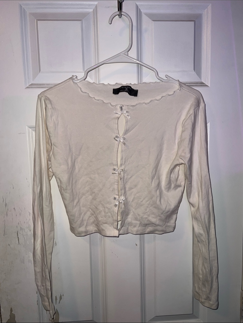White Bow-Front Long Sleeve Crop Top